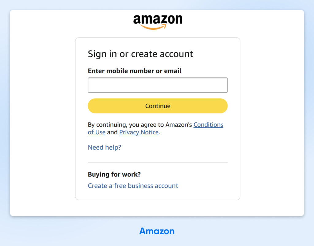 Página de inicio de sesión de Amazon que solicita a los usuarios ingresar su número de celular o correo electrónico para iniciar sesión o crear una cuenta.