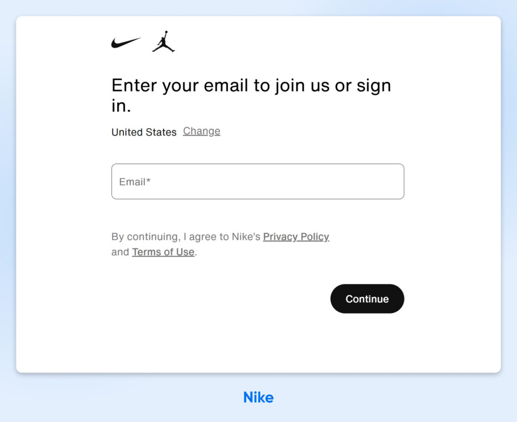 Página de inicio de sesión de Nike que pide a los usuarios ingresar su correo electrónico para iniciar sesión o unirse.