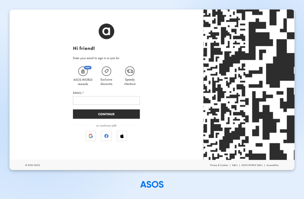 Página de inicio de sesión de ASOS que solicita ingresar el correo electrónico con opciones para iniciar sesión con Google, Facebook o Apple.