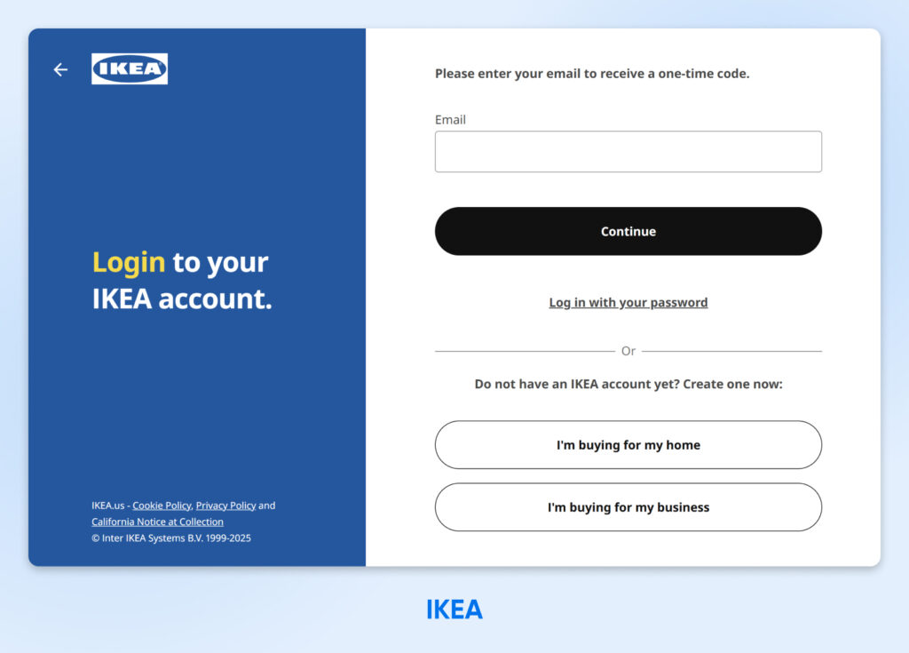 Página de inicio de sesión de IKEA que solicita el correo electrónico para recibir un código de un solo uso, con opciones para iniciar sesión o crear una nueva cuenta.