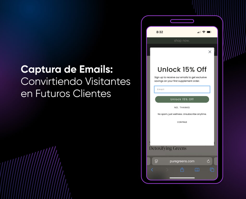 Pantalla de smartphone que muestra una ventana emergente de captura de correo electrónico ofreciendo un 15% de descuento en un pedido de suplementos por registrarse en la lista de correo.