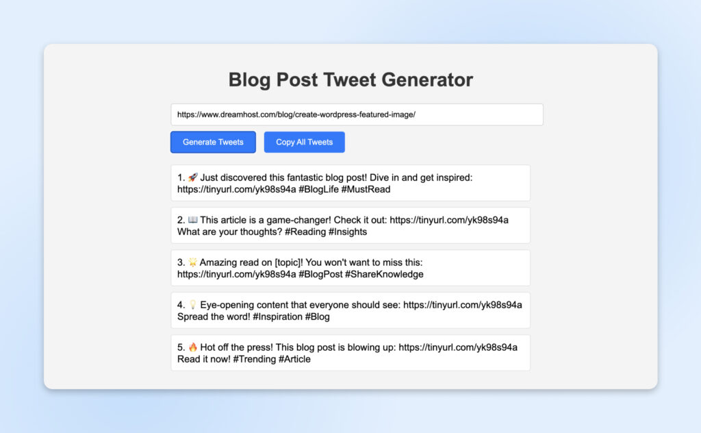 Captura de pantalla de una herramienta llamada “Generador de Tweets para Publicaciones de Blog”, que muestra un campo para ingresar la URL del blog, botones para generar o copiar tweets, y cinco ejemplos de tweets promocionales con emojis, hashtags y enlaces acortados.