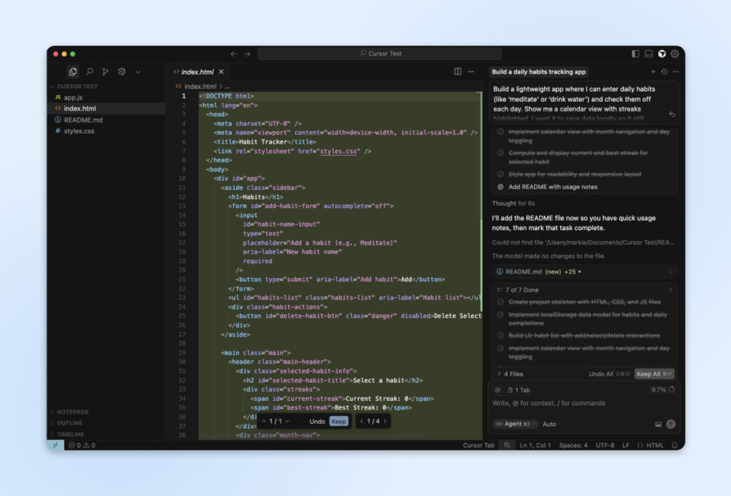 Captura de pantalla del editor Cursor que muestra un proyecto de seguimiento de hábitos con gestión de tareas mediante IA integrada.
Conclusión principal: la IA ayuda en la programación y en el seguimiento del progreso.