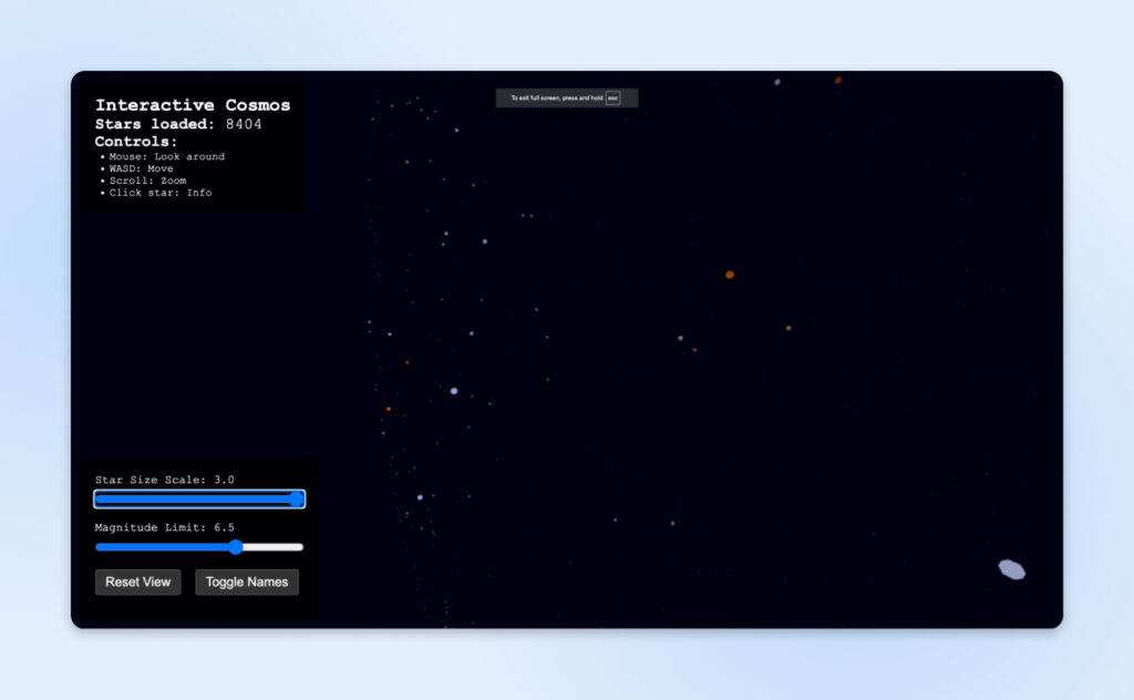 Mapa estelar interactivo con más de 8,400 estrellas cargadas, que permite a los usuarios acercar, mover y hacer clic en las estrellas para obtener información. Los controles también permiten ajustar el tamaño y los límites de brillo de las estrellas.