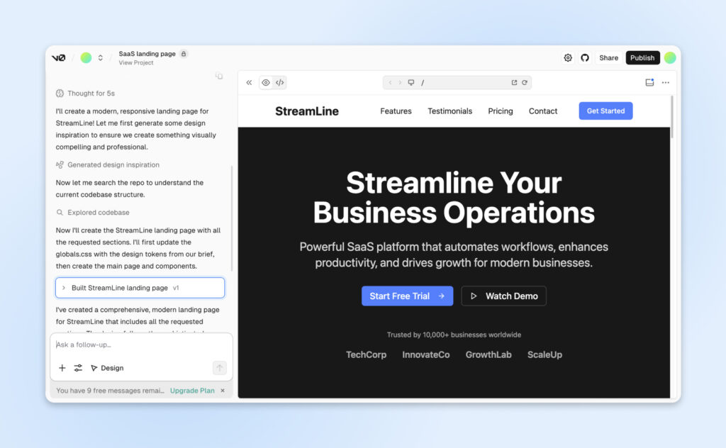 Captura de pantalla de v0 (Vercel) creando una página de aterrizaje SaaS con IA, que muestra la vista previa del diseño y el flujo de trabajo.
Conclusión principal: genera automáticamente páginas modernas y responsivas con un esfuerzo mínimo.