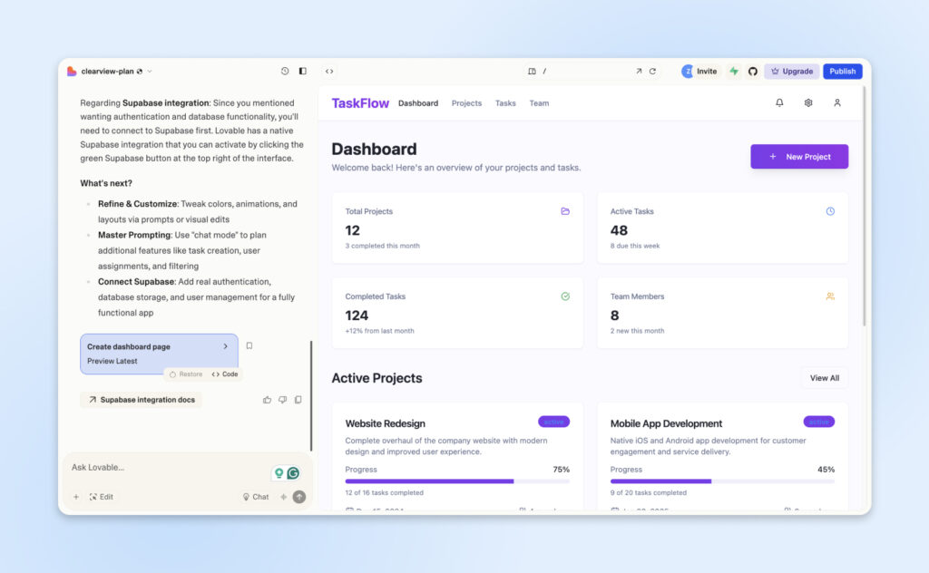 Esto muestra a Lovable generando un panel de control de TaskFlow con estadísticas de proyecto, tareas y equipo.
Conclusión principal: crea paneles funcionales y personalizables de forma rápida.