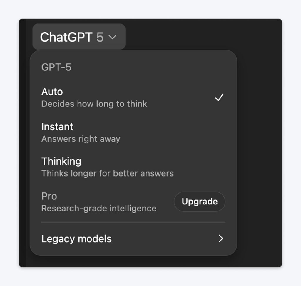 Menú desplegable de ChatGPT 5 que muestra las opciones del modelo GPT-5: Auto seleccionado, Instant, Thinking, Pro con botón de actualización y opción de modelos Legacy.