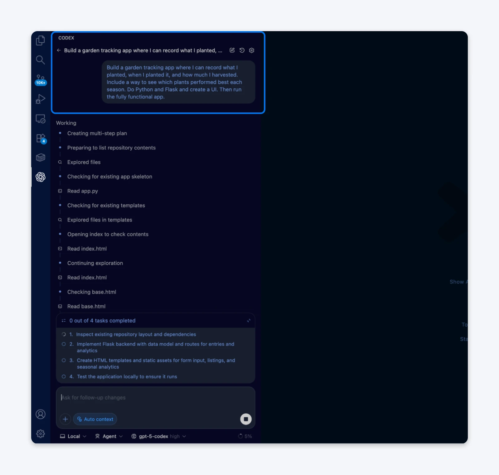 Cursor AI IDE showing multi-step plan for building garden tracking app with tasks list and chat interface for AI assistance.