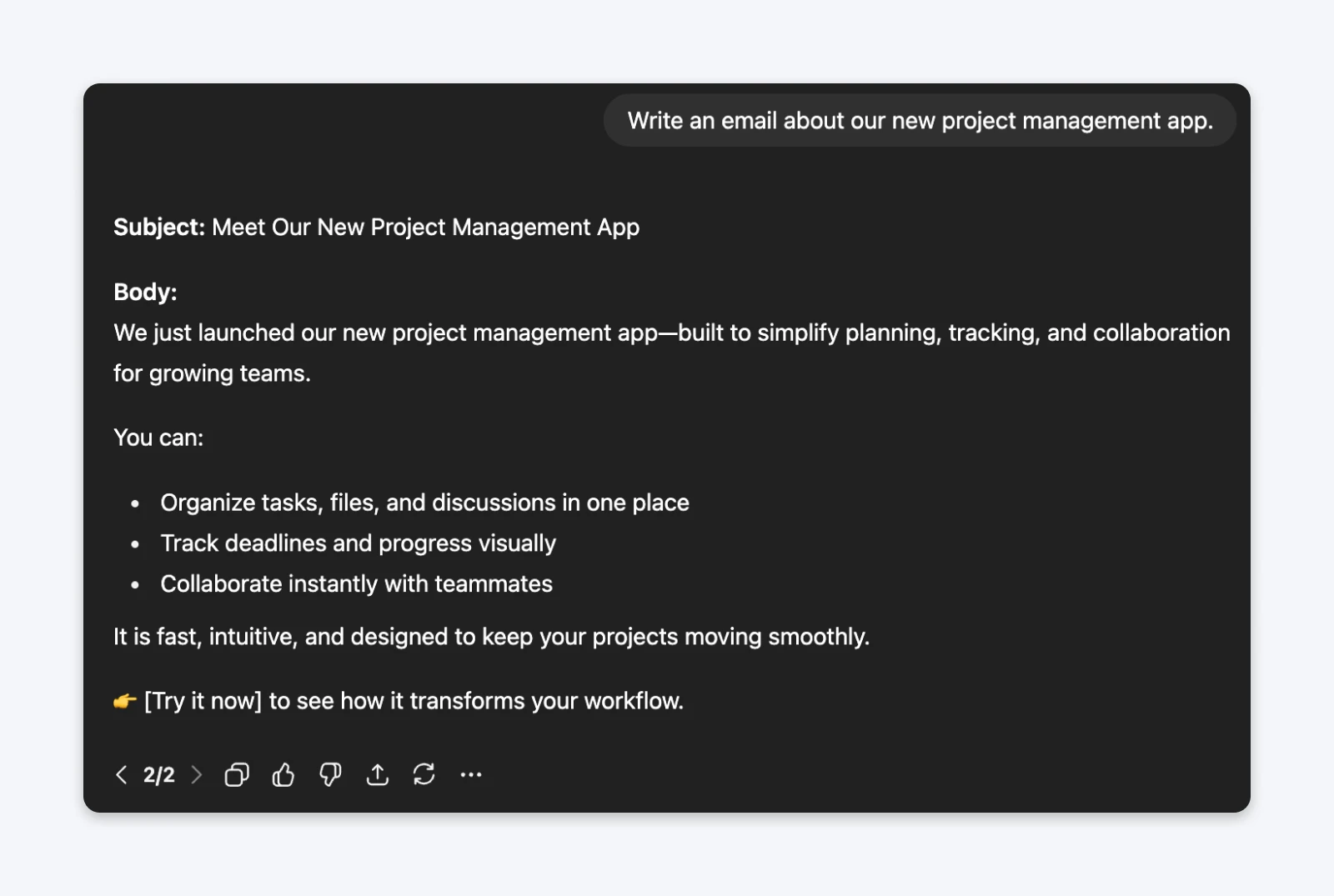 ChatGPT response showing generated email with subject and body text about a new project management app, with navigation and action buttons at bottom.