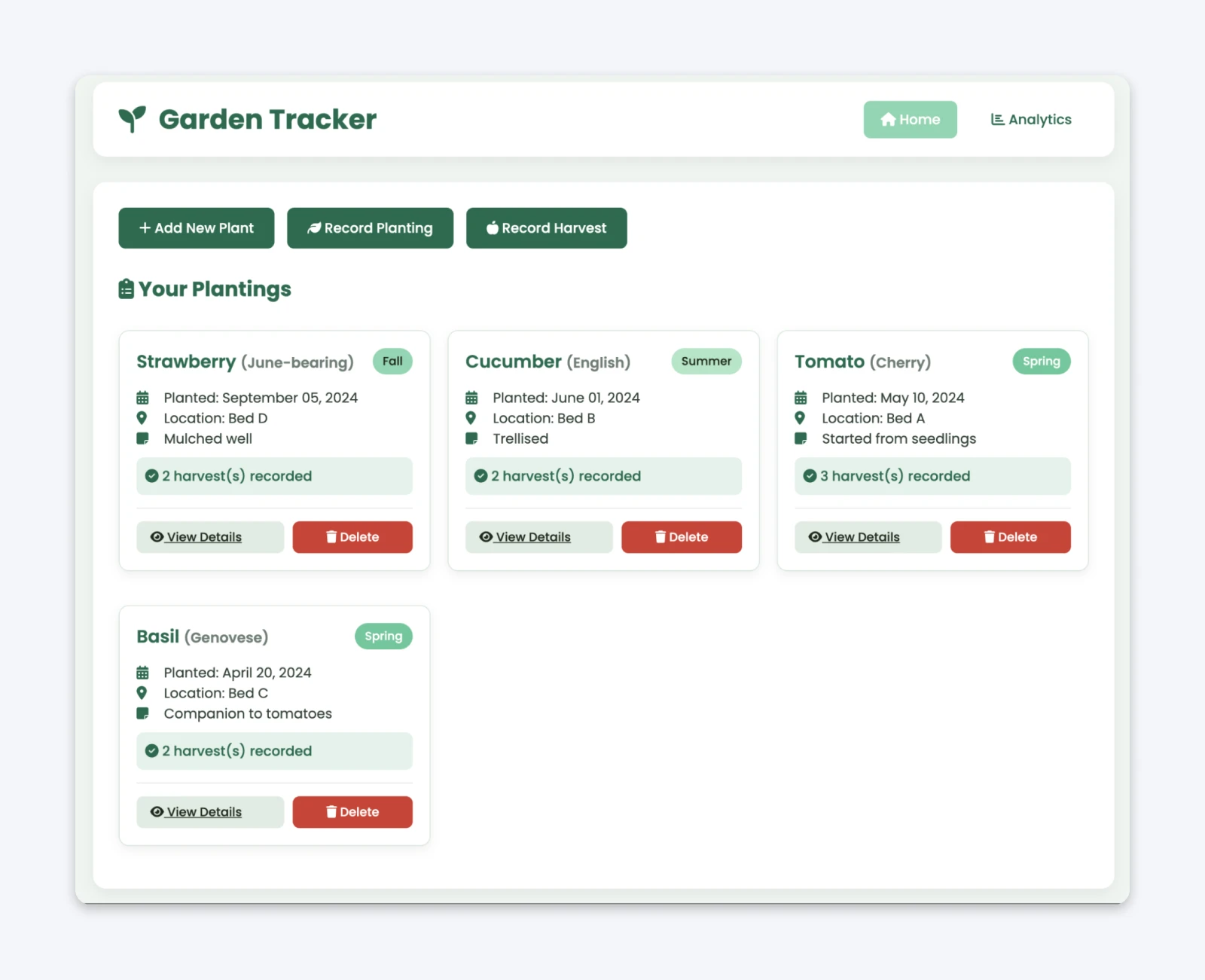 Garden Tracker app interface showing four plant cards with details for Strawberry, Cucumber, Tomato, and Basil including planting dates and harvest records.