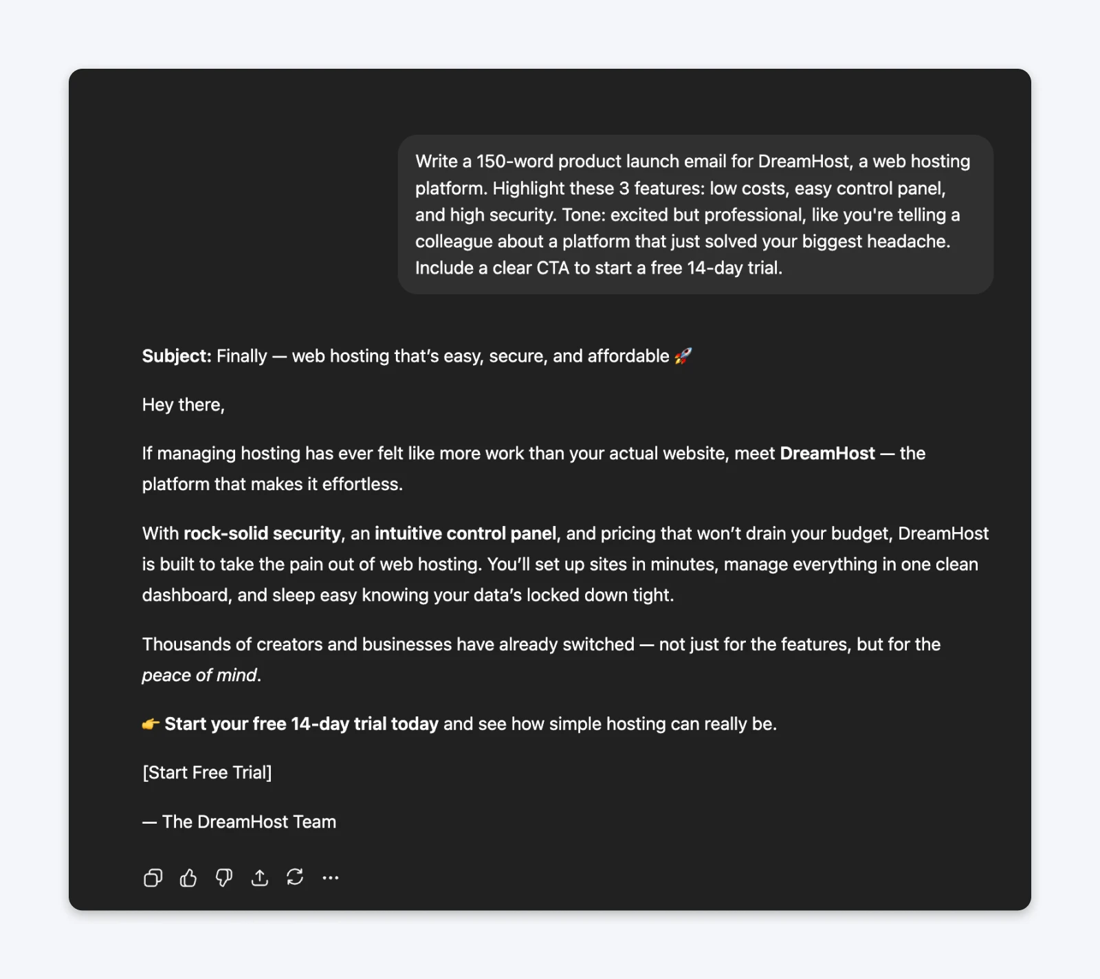 ChatGPT generated product launch email for DreamHost web hosting emphasizing ease, security, and affordability with 150-word count and excited professional tone.