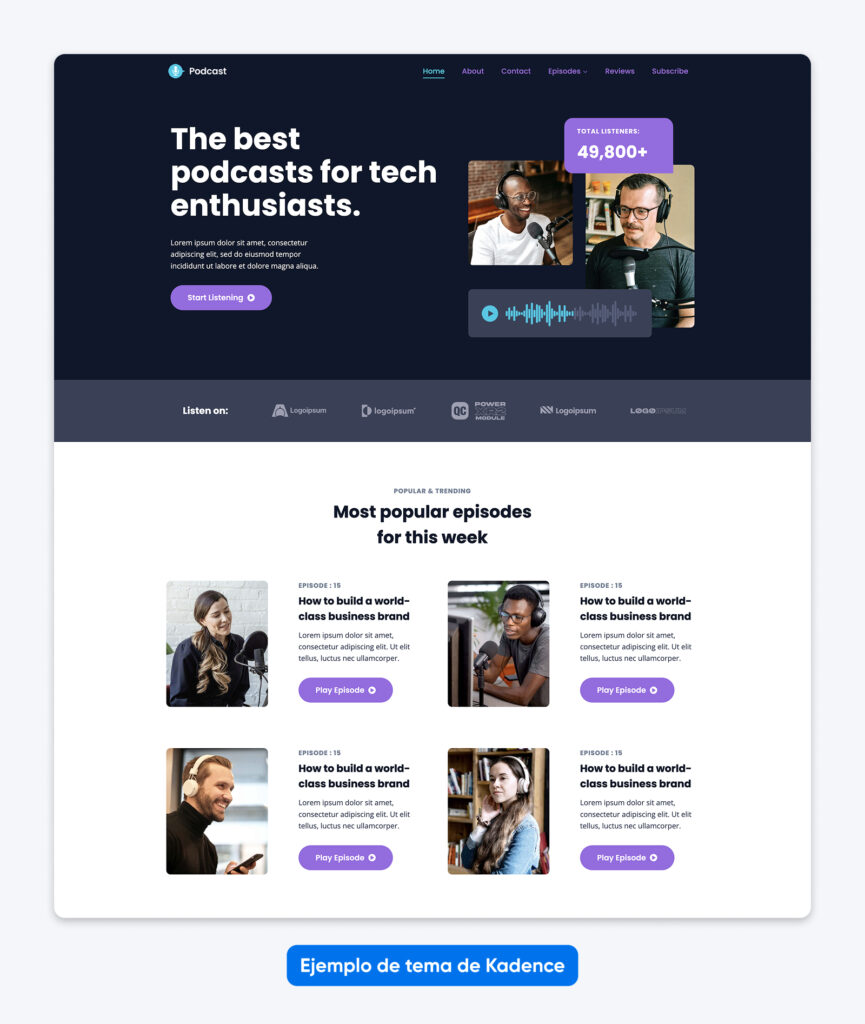 Ejemplo de un tema para sitio web de pódcast de Kadence que muestra el diseño de la página de inicio con episodios destacados, estadísticas de oyentes y un llamado a la acción de “Comienza a escuchar”.