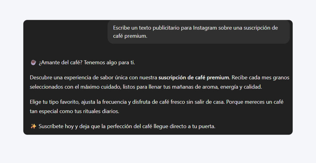 Respuesta de ChatGPT que muestra tres versiones de texto publicitario para Instagram sobre una suscripción de café premium, adaptadas a diferentes tonos y públicos objetivo.