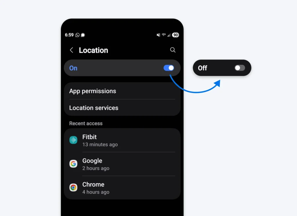 Smartphone settings screen showing how to toggle location services from "On" to "Off."
