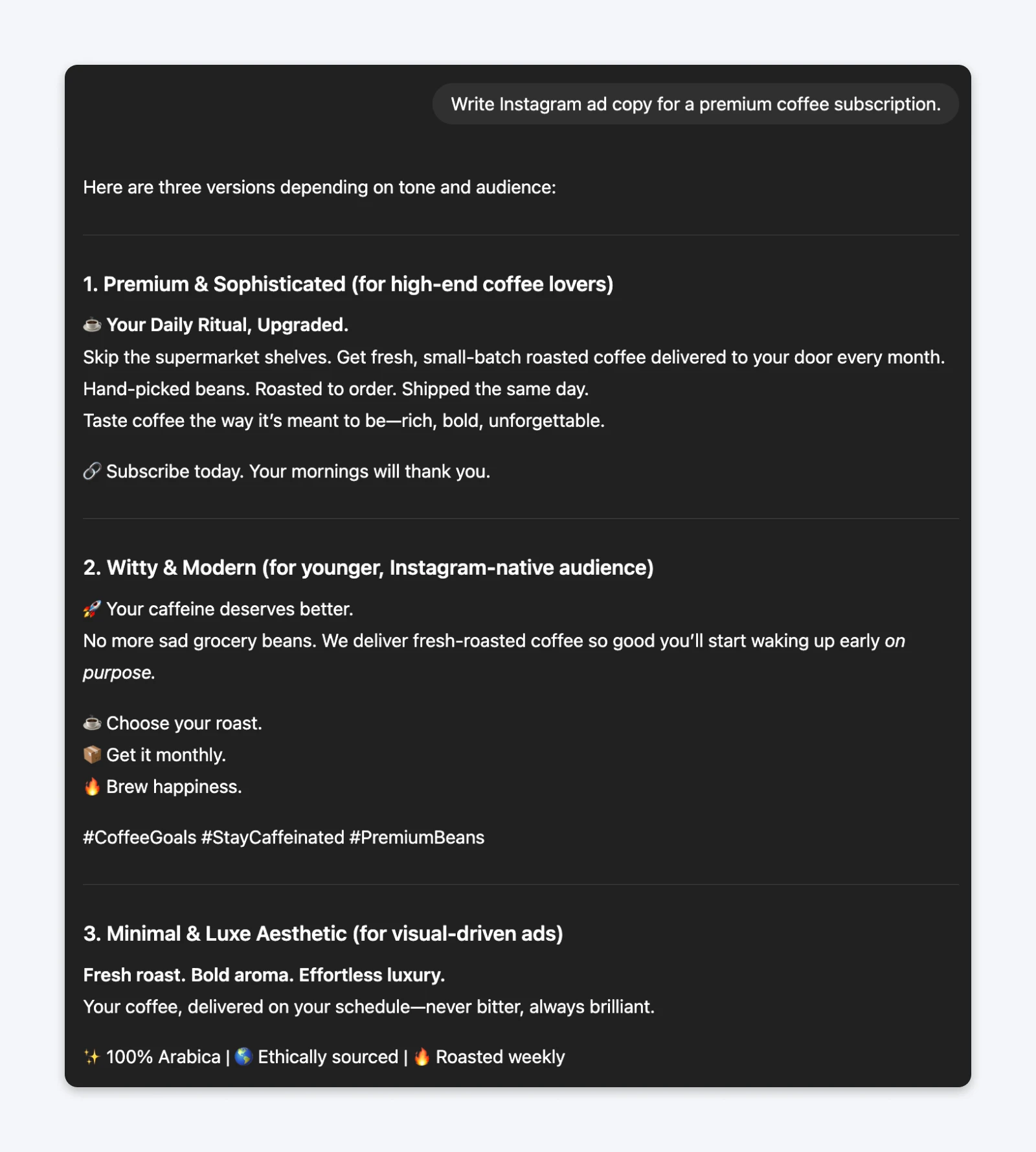 ChatGPT response showing three versions of Instagram ad copy for premium coffee subscription, tailored for different tones and target audiences.