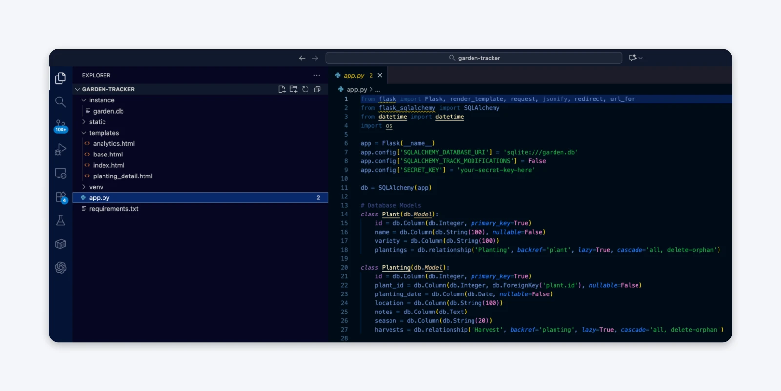 Visual Studio Code editor showing TypeScript code for a garden tracking app with models.ts file open displaying Plant and PlantLog interfaces.