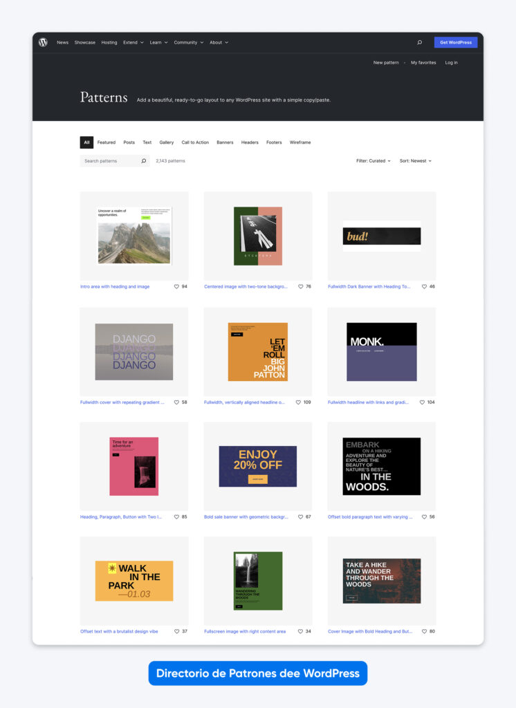 Captura de pantalla del Directorio de Patrones de WordPress que muestra patrones de diseño seleccionados, como banners, encabezados y diseños, para facilitar la personalización del sitio.