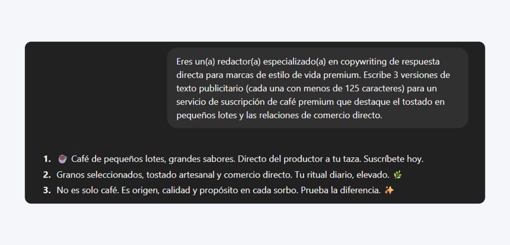 Respuesta de ChatGPT que muestra tres versiones de texto publicitario para Instagram, cada una con menos de 125 caracteres, sobre una suscripción de café premium, con el prompt detallado de redacción visible en la parte superior.