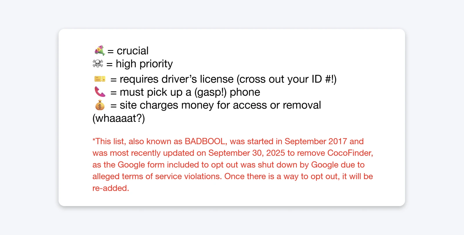 Legend explaining icons for data removal list priorities and notes last updated September 30, 2025.