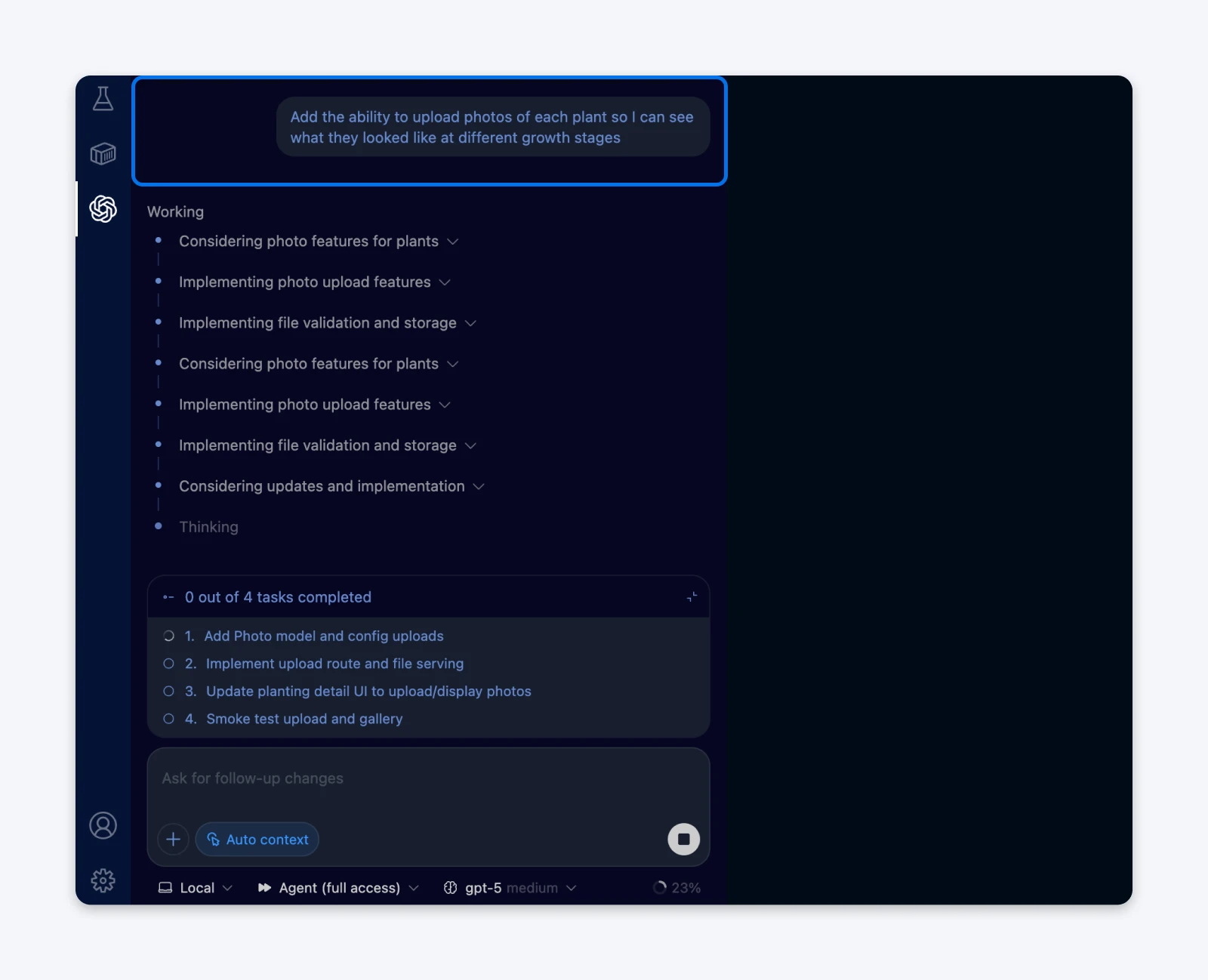 Cursor AI interface showing progress on implementing photo upload feature for plants with task breakdown and completion status.