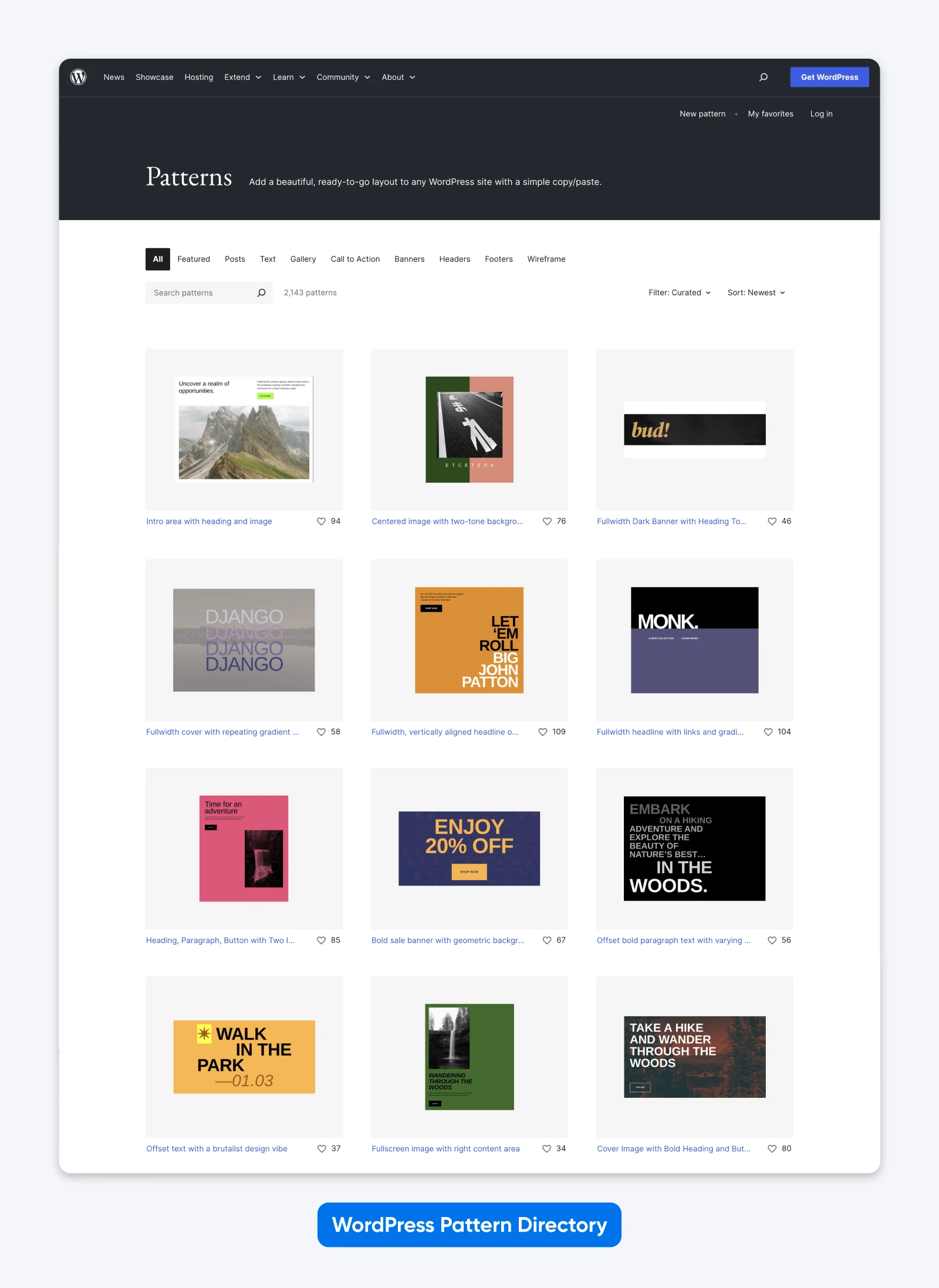 Screenshot of the WordPress Pattern Directory showing curated design patterns like banners, headers, and layouts for easy site customization.