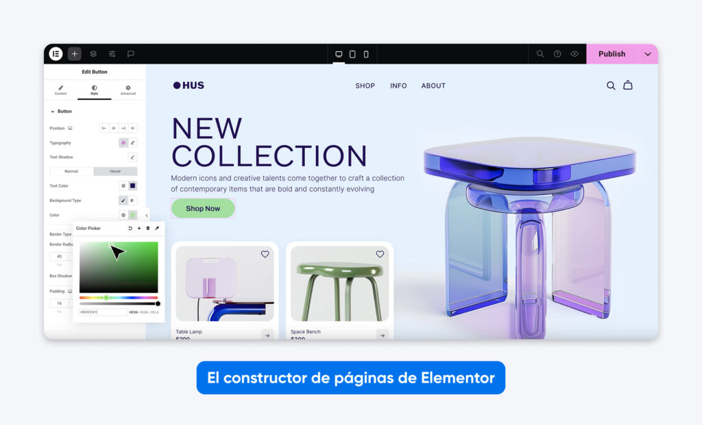 Captura de pantalla de la interfaz de edición del Page Builder de Elementor que muestra el diseño de la página de inicio de una tienda de muebles para una nueva colección, con controles de estilo en tiempo real.