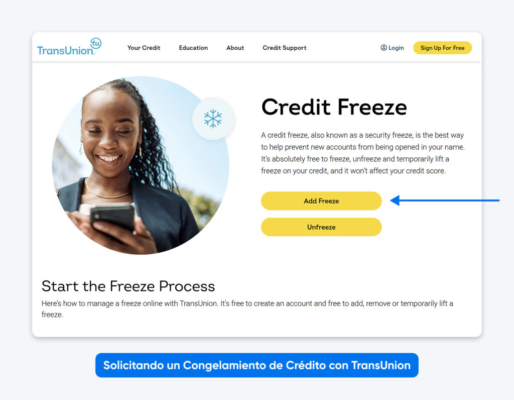 Captura de pantalla de la página de congelamiento de crédito de TransUnion que muestra los botones “Agregar congelamiento” y “Descongelar” para administrar un congelamiento de crédito.