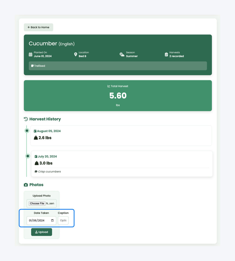 Interfaz de la aplicación Garden Tracker que muestra cuatro tarjetas de plantas con detalles de Fresa, Pepino, Tomate y Albahaca, incluyendo fechas de siembra y registros de cosecha.