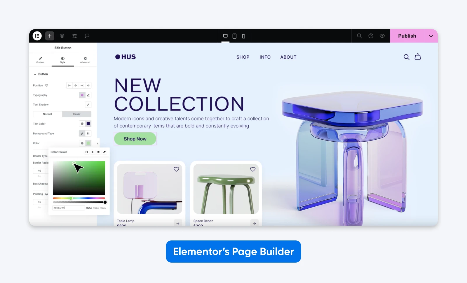 Screenshot of Elementor’s Page Builder editing interface showing a furniture shop homepage design for a new collection with live style controls.