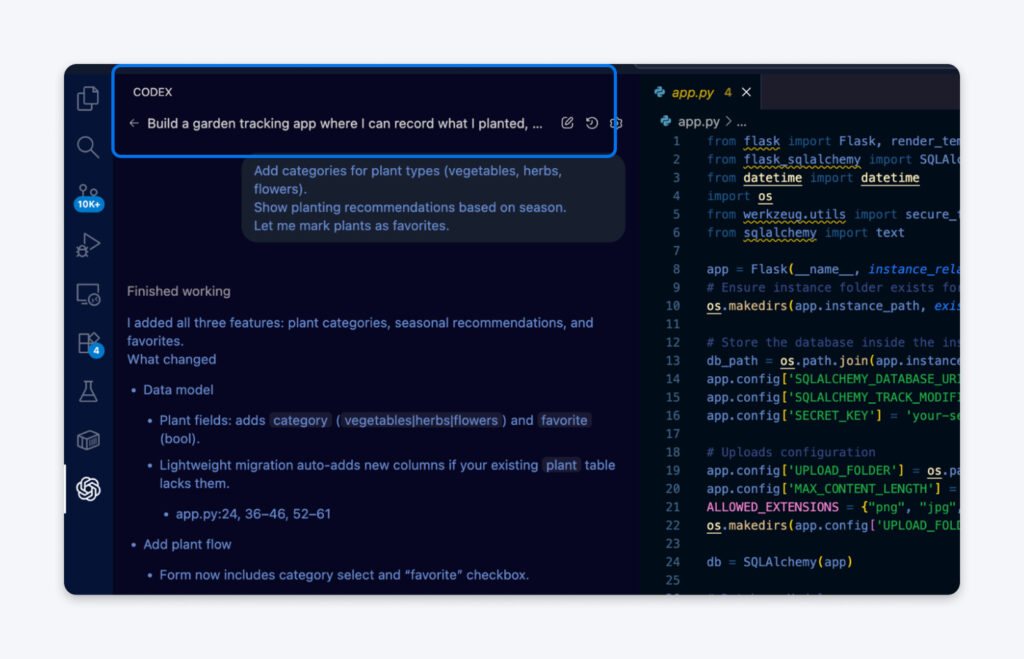 Cursor AI mostrando la finalización de la creación de la aplicación de seguimiento de jardines, con funciones añadidas como categorías de plantas, recomendaciones estacionales y favoritos, con el código visible.