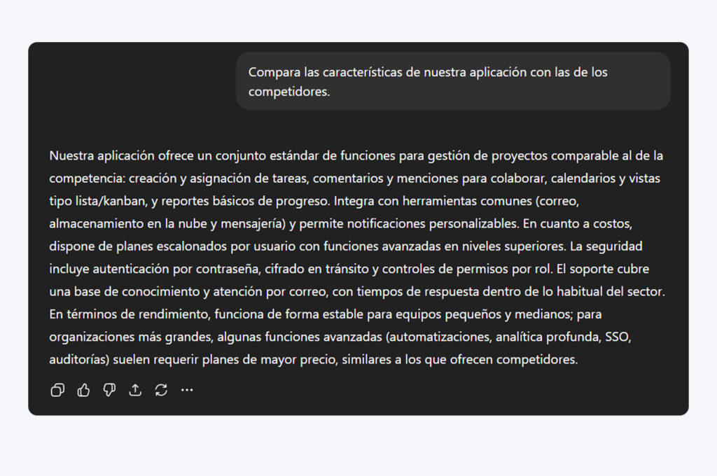 Respuesta de ChatGPT que compara el servicio de alojamiento web de DreamHost con el de sus competidores, destacando su panel de control personalizado, funciones de seguridad, política de reembolso generosa, transparencia y buen rendimiento.