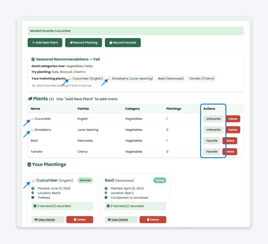 Garden Tracker dashboard showing seasonal recommendations, plant list with vegetables and actions, and your plantings section with Cucumber and Basil cards.