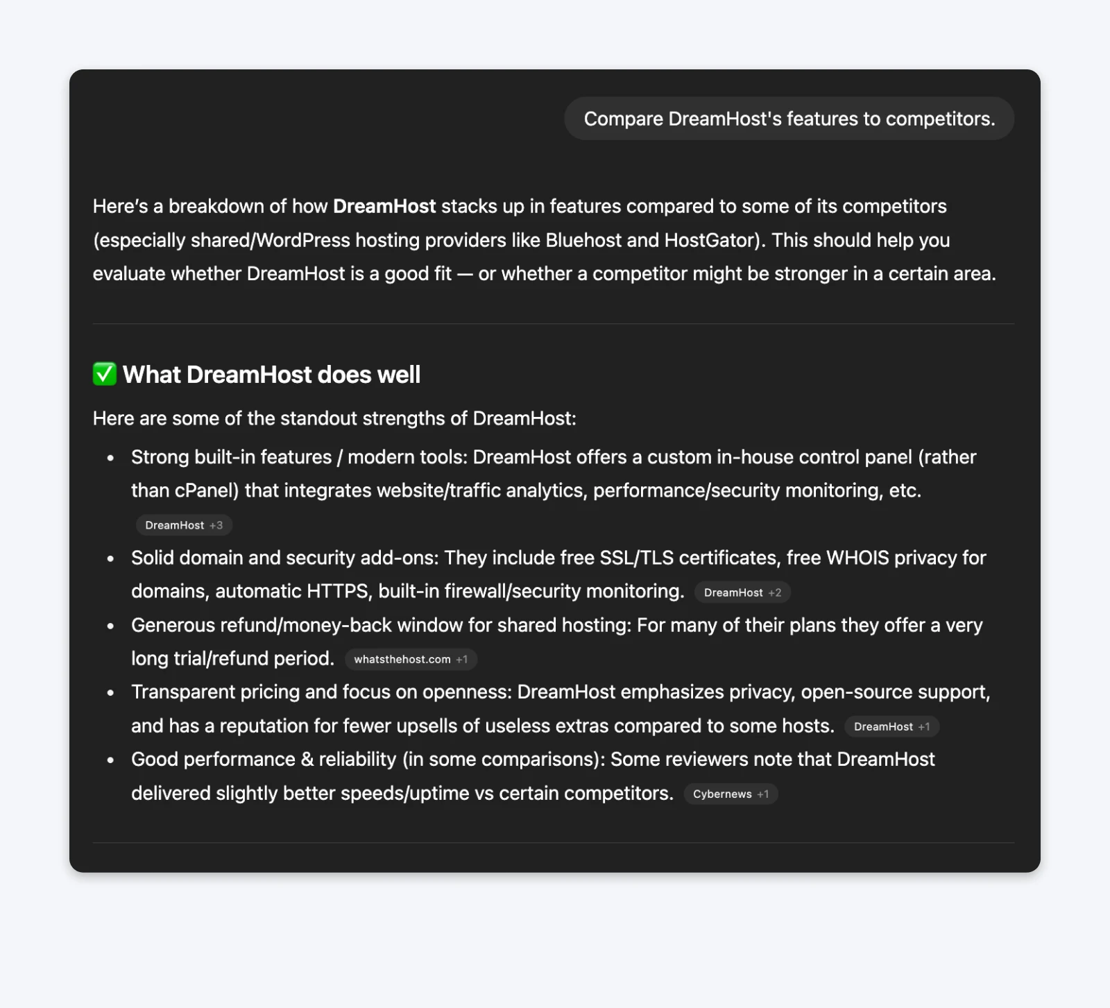 ChatGPT response comparing DreamHost web hosting to competitors, highlighting custom control panel, security features, generous refund policy, transparency, and good performance.