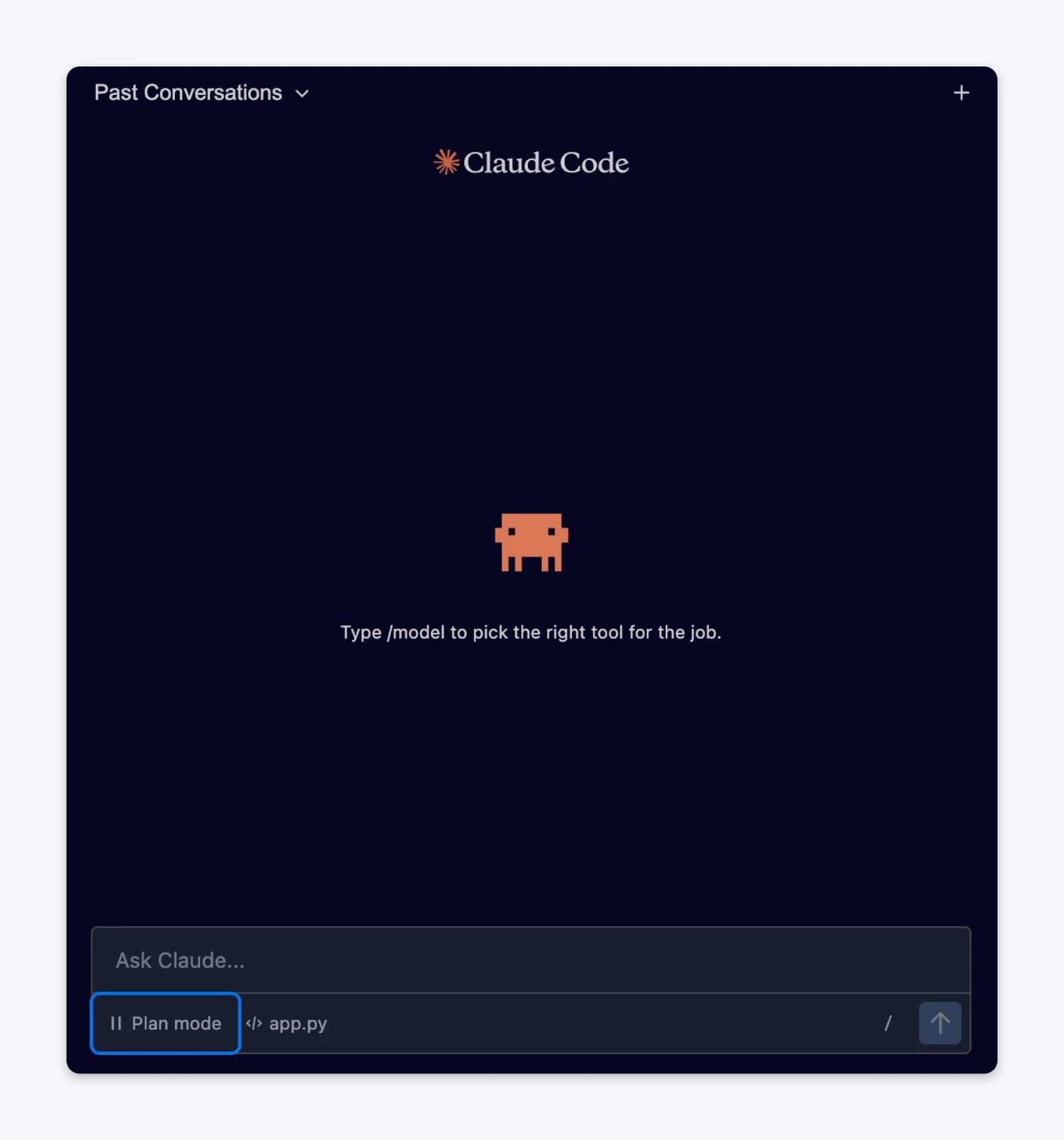 Claude Code interface showing empty state with pixel art character and prompt to type /model to select AI coding tool.