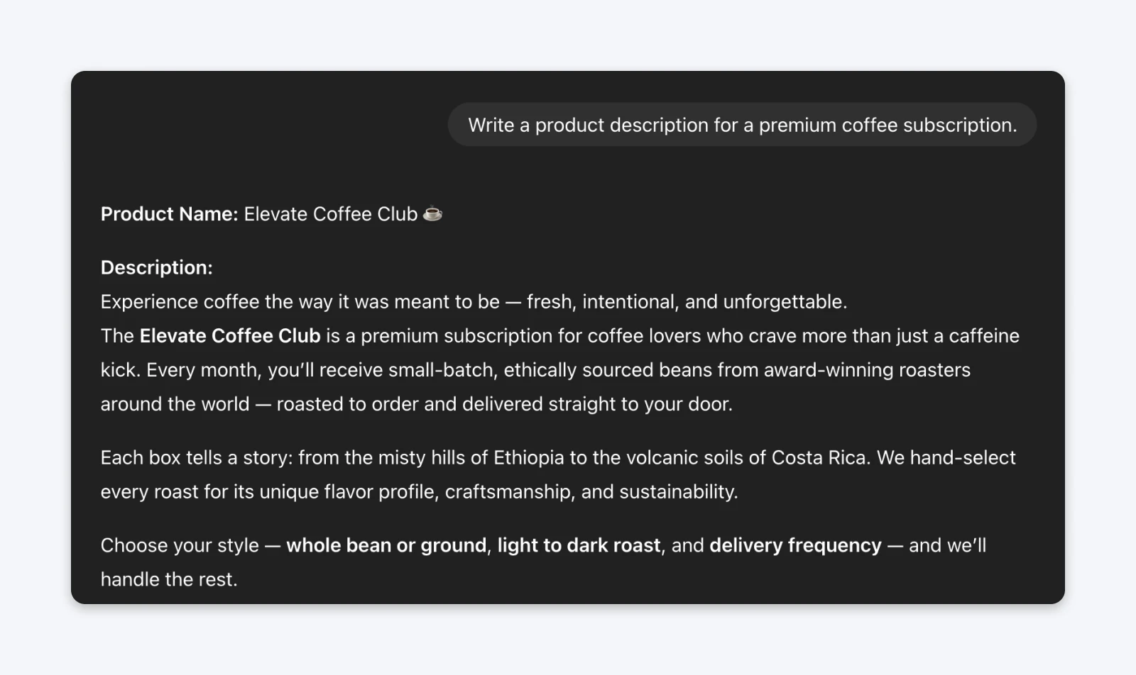 Product description for Elevate Coffee Club premium subscription featuring small-batch ethically sourced beans from award-winning roasters with customizable options.