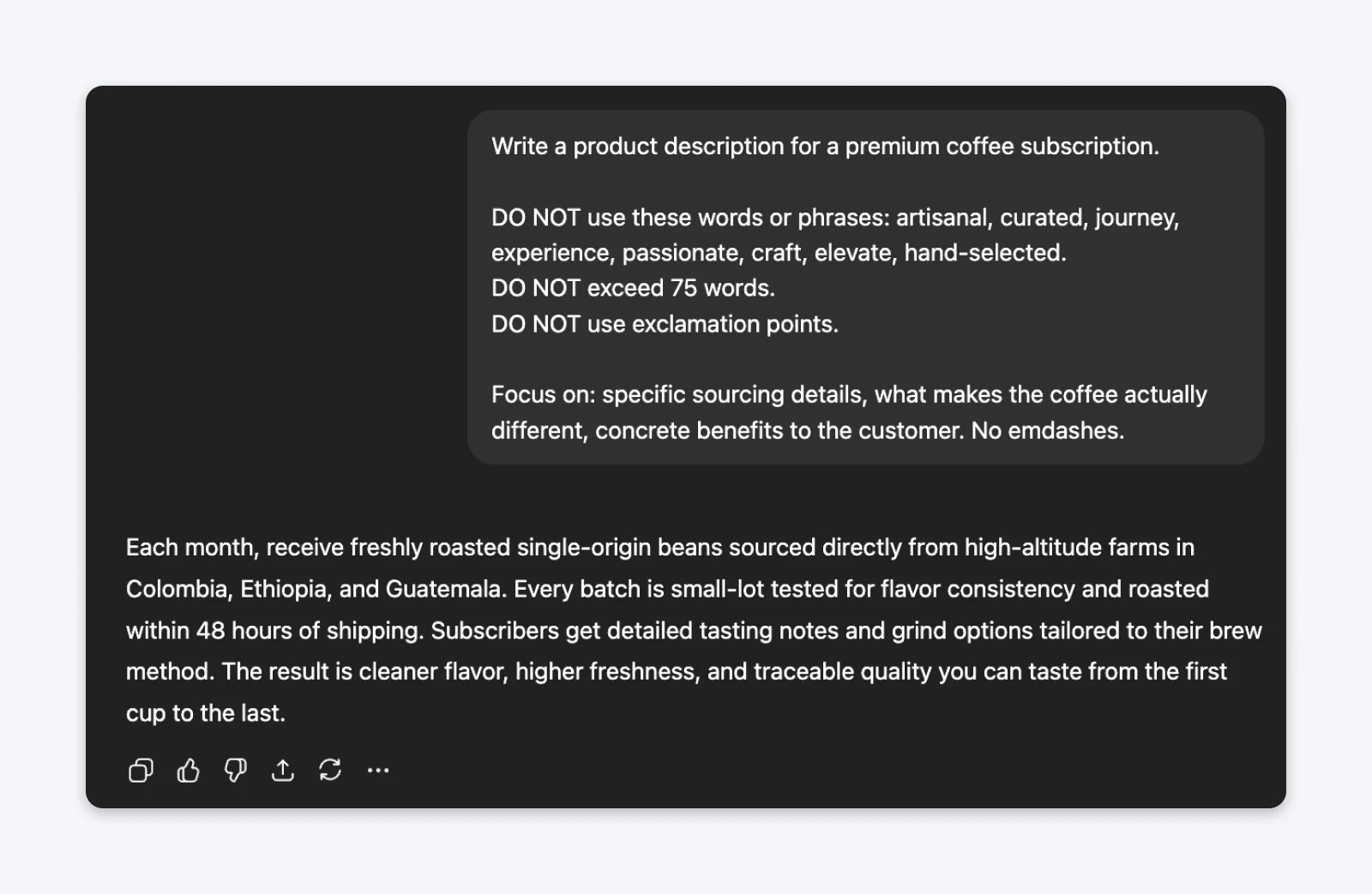 ChatGPT response showing product description for premium coffee subscription with detailed constraints visible at top, followed by generated copy focusing on sourcing details and customer benefits.