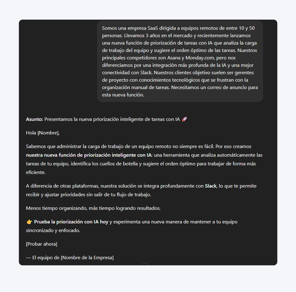 Respuesta de ChatGPT que muestra un correo de anuncio de función para una empresa SaaS, con el contexto detallado de la compañía en la parte superior y un correo generado que incluye línea de asunto, encabezado, cuerpo y llamado a la acción (CTA).