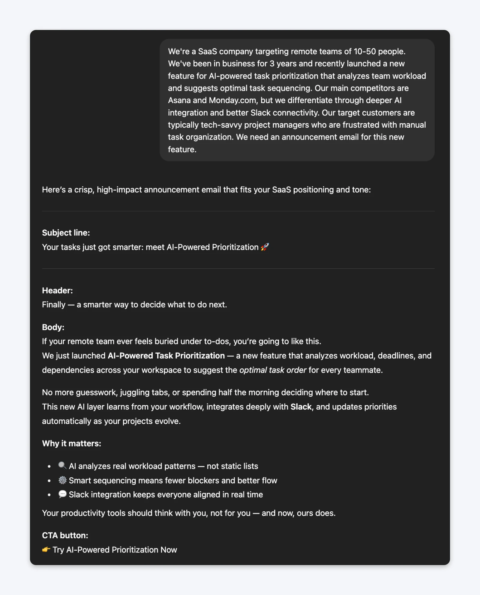 ChatGPT response showing feature announcement email for SaaS company with detailed company context at top and generated email including subject line, header, body, and CTA.