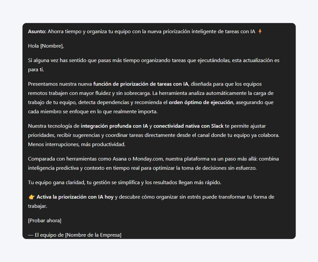 Respuesta de ChatGPT que muestra un correo de anuncio de producto de 200 palabras para una función de priorización de tareas con IA, con el contexto detallado de la empresa y las instrucciones de énfasis visibles en la parte superior.