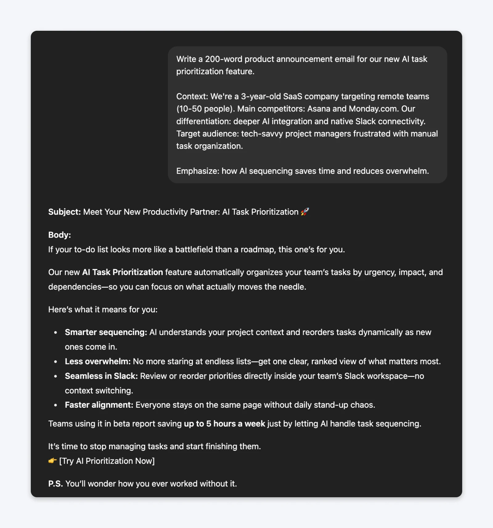 ChatGPT response showing 200-word product announcement email for AI task prioritization feature with detailed company context and emphasis instructions visible at top.