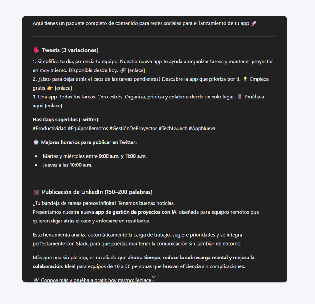 Respuesta de ChatGPT que crea un kit de lanzamiento para redes sociales de la aplicación de DreamHost, incluyendo el contexto del lanzamiento, tuits, una publicación para LinkedIn, hashtags y un calendario de publicación.
