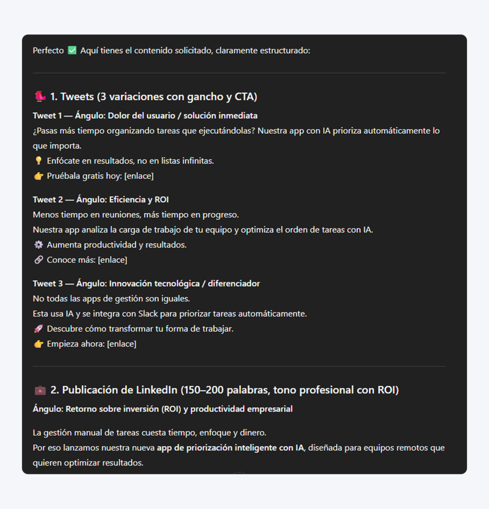 Respuesta de ChatGPT que muestra contenido detallado para redes sociales sobre el lanzamiento de la aplicación de DreamHost, con los requisitos específicos para las variaciones de tuits, la publicación de LinkedIn, los hashtags y los horarios de publicación claramente etiquetados.
