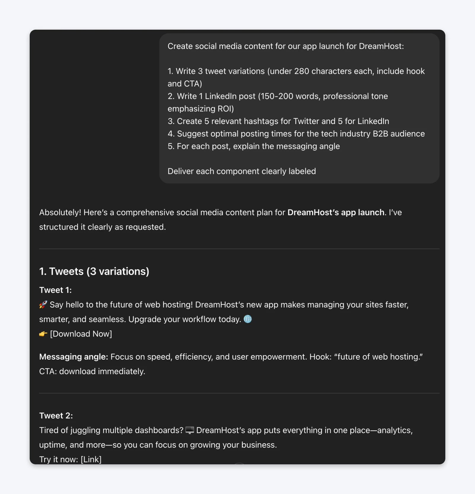 ChatGPT response showing detailed social media content for DreamHost app launch with specific requirements for tweet variations, LinkedIn post, hashtags, and posting times clearly labeled.