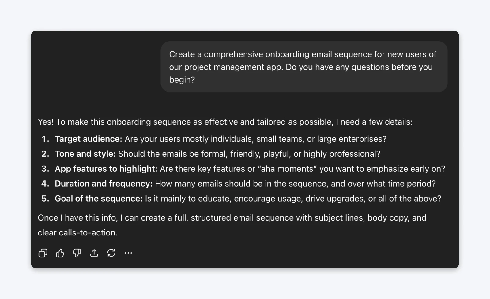 ChatGPT response asking five clarifying questions about target audience, tone, features, duration, and goals before creating onboarding email sequence.