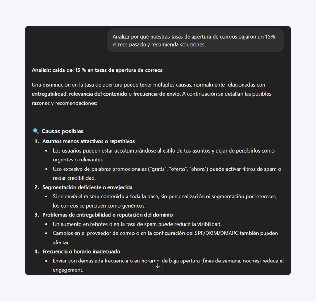 Respuesta de ChatGPT que analiza la caída en la tasa de apertura de correos con un desglose sistemático de problemas de entregabilidad, incluyendo posibles causas, verificaciones y soluciones.
