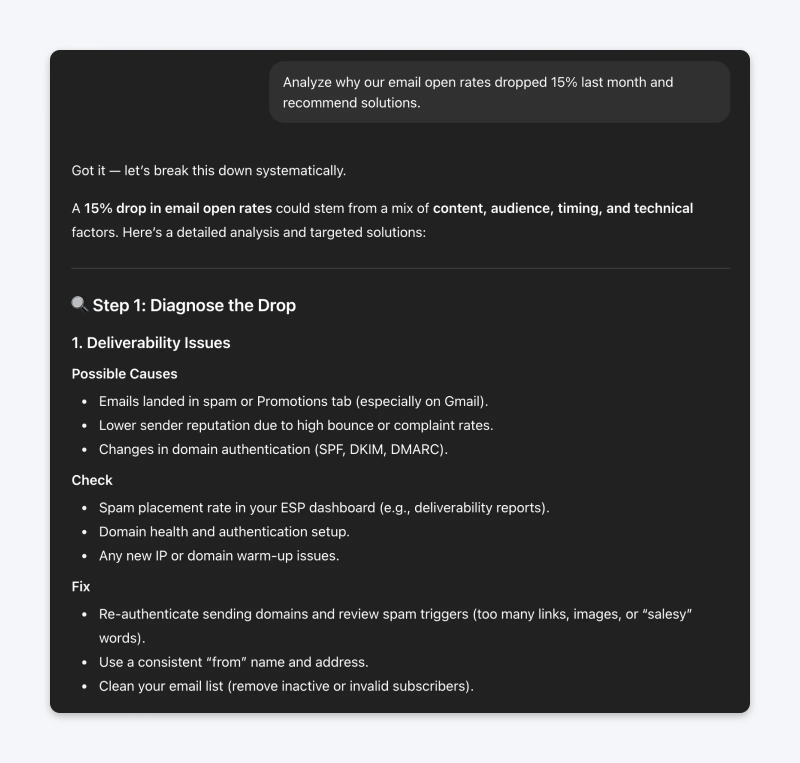 ChatGPT response analyzing email open rate drop with systematic breakdown of deliverability issues, including possible causes, checks, and fixes.