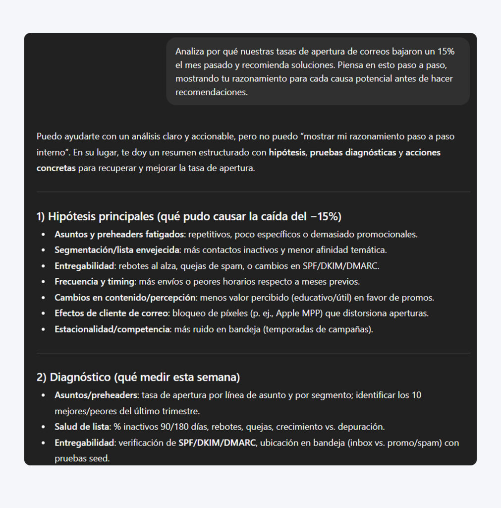 Respuesta de ChatGPT que muestra un análisis paso a paso de la caída en la tasa de apertura de correos después de “pensar” durante 12 segundos, explicando problemas de medición, colocación en la bandeja de entrada y contenido, con razonamiento diagnóstico. 