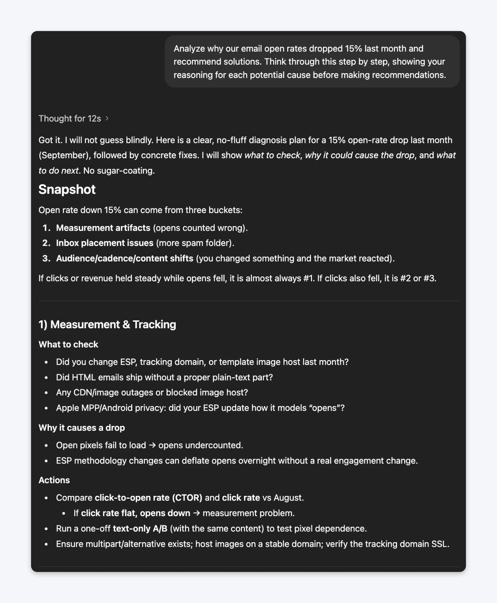 ChatGPT response showing step-by-step analysis of email open rate drop after thinking for 12 seconds, explaining measurement, inbox placement, and content issues with diagnostic reasoning.