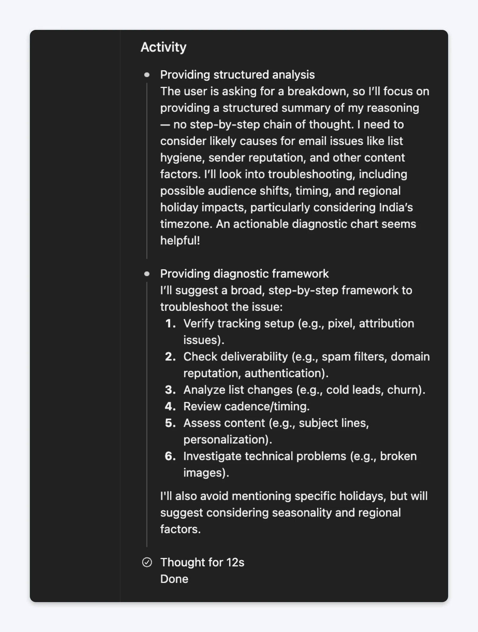 ChatGPT thinking process showing internal reasoning about providing structured email analysis and diagnostic framework before generating response.