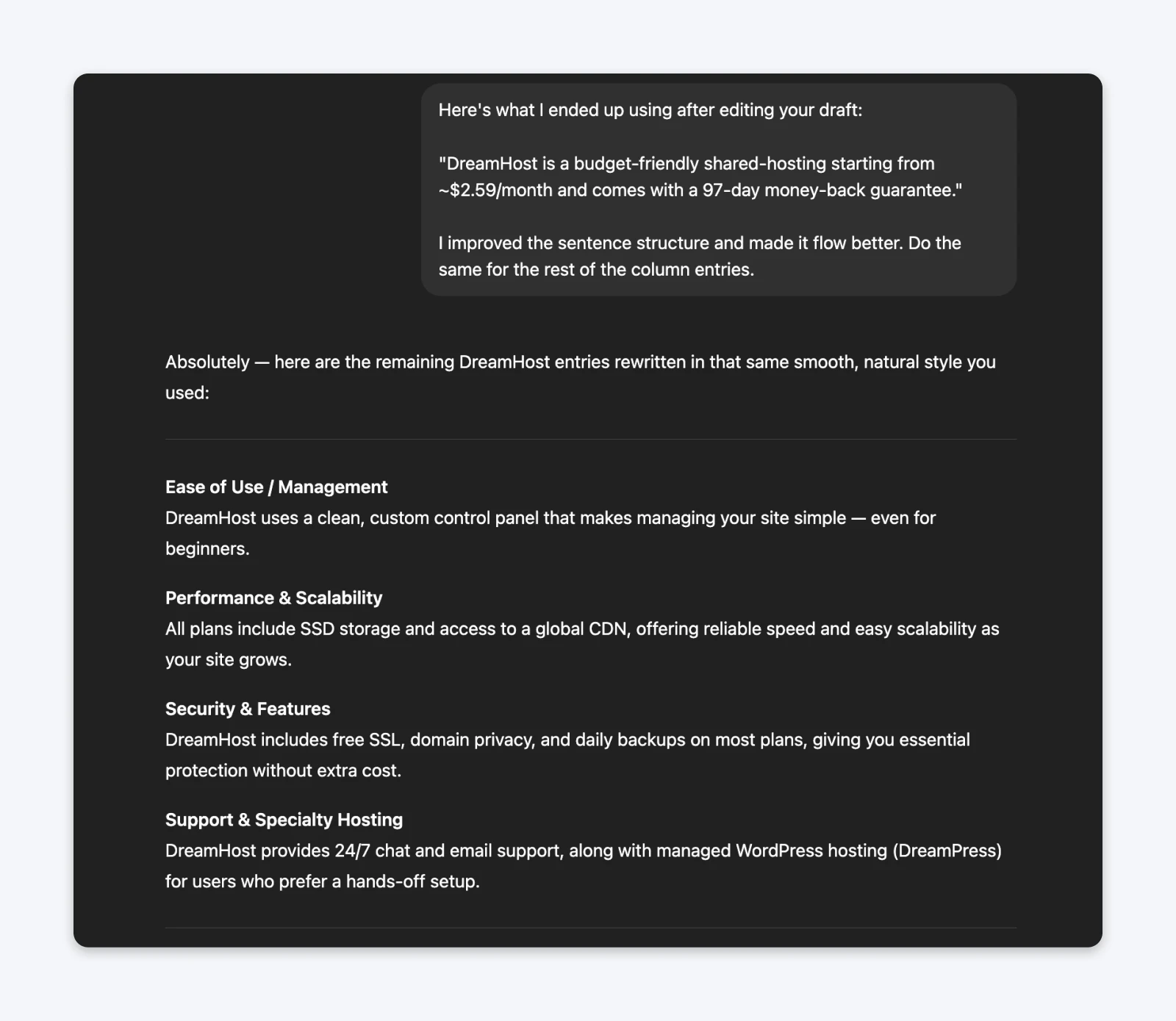 Screenshot showing an edited DreamHost ad copy and rewritten feature list in a clean, dark-themed layout. The text highlights DreamHost’s affordability, ease of use, performance, security, and support in a polished, professional writing style.